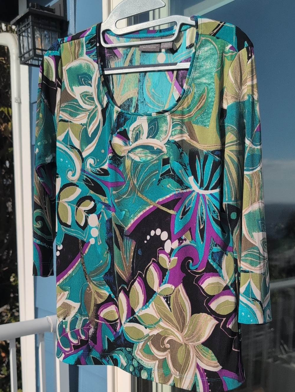 Chicos Women’s Floral Scoop Neck Top in Teal & Purple